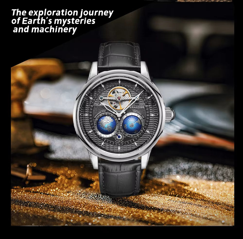 Luxury Double Earth Rotating Men'S Mechanical Watch Automatic Movement Waterproof Clock Pilots Men 1963 Flywheel Watches