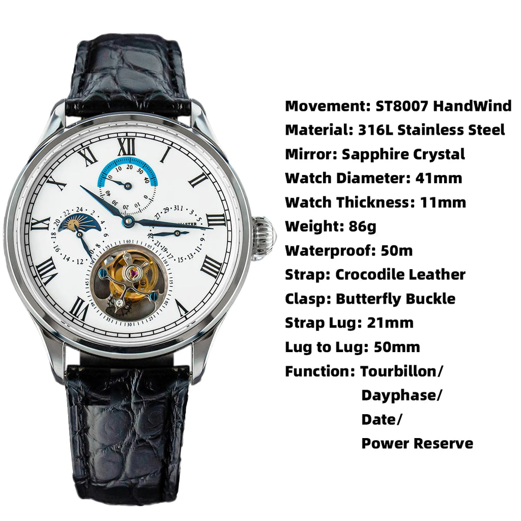 Men Luxury Tourbillon Watch Original ST8007 Movement Mechanical Wristwatches Crocodile Leather Vintage Datephase
