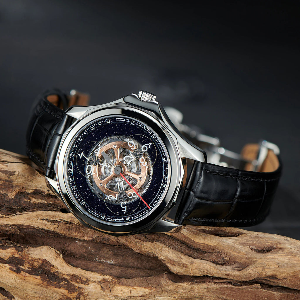 Stars Sapphire Wheel Mechanical Automatic Mens Steel Watch Leather Waterproof Creative Causal Watches