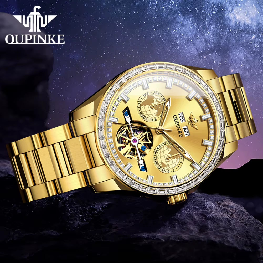 3280 Gold Luxury Mens Watches Diamond Dial Waterproof Automatic Mechanical Wristwatch Skeleton Luminous Date Brand Watch