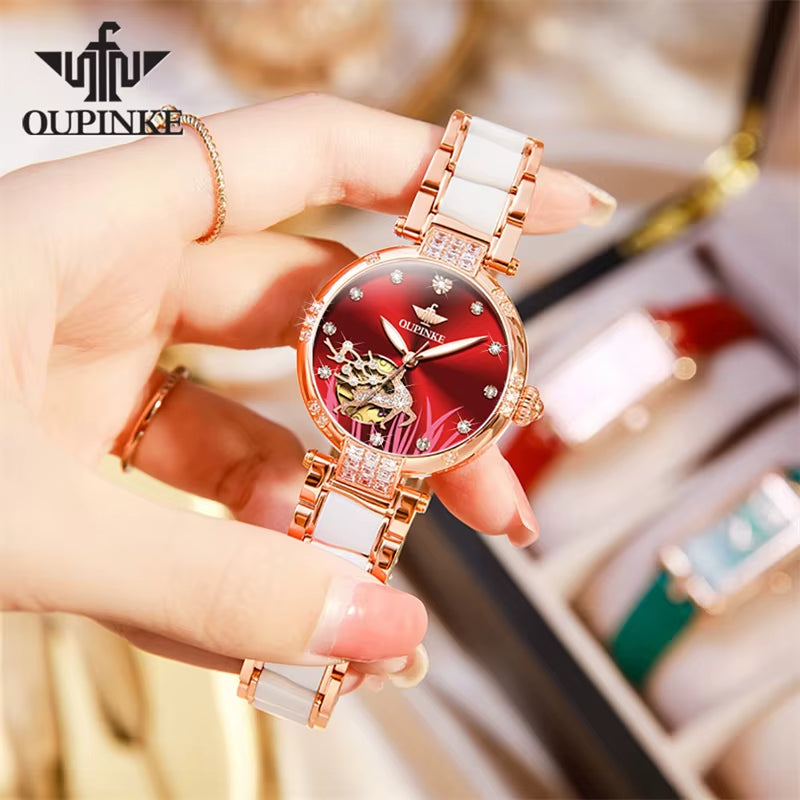 Mechanical Watch for Women Luxury Top Brand Stainless Steel Ceramic Strap Rose Gold Diamond Ladies Watches Reloj Mujer