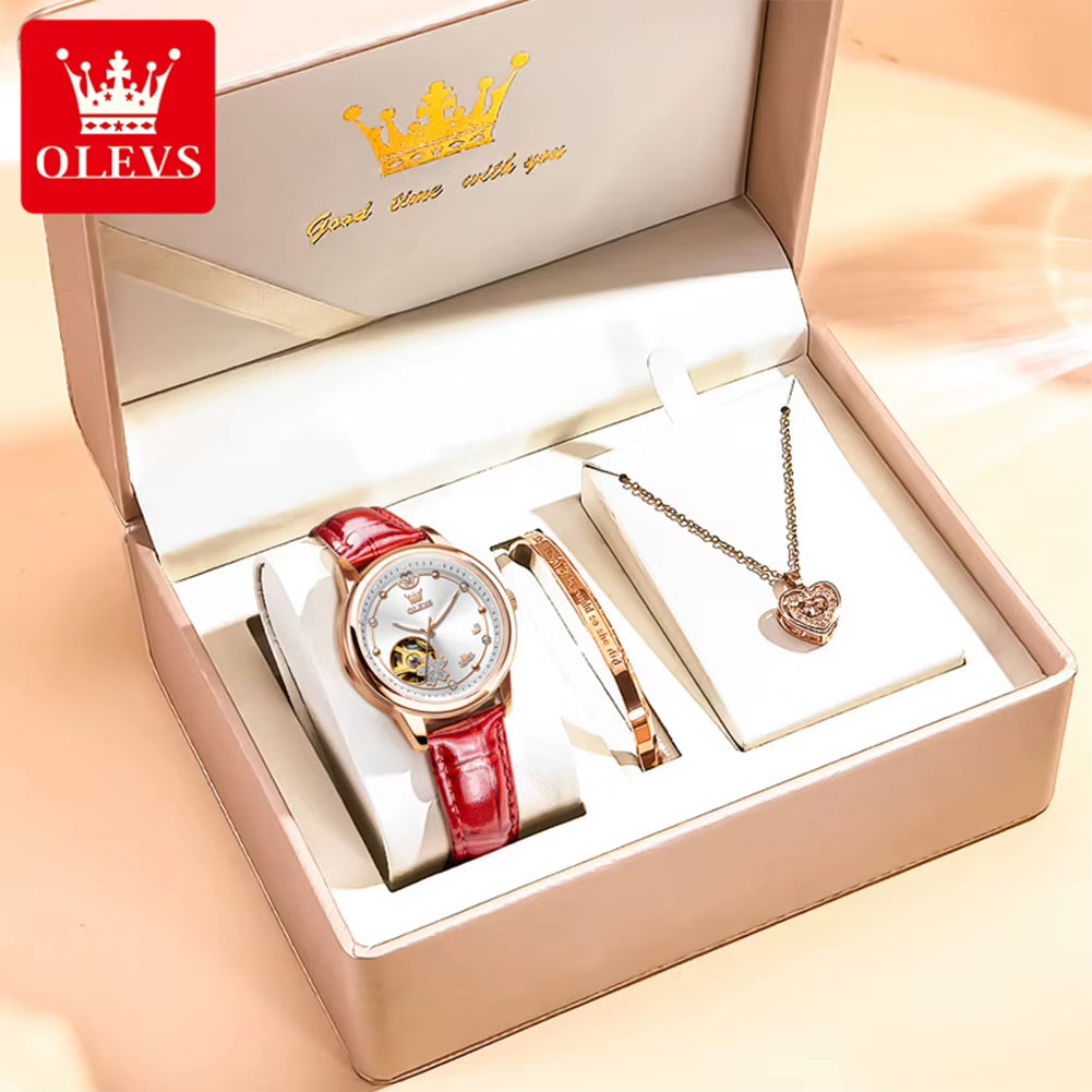 6732 New Womens Watch Original Luxury Skeleton Mechanical Watches Waterproof Luminous Watches for Women Set Bracelet Gift