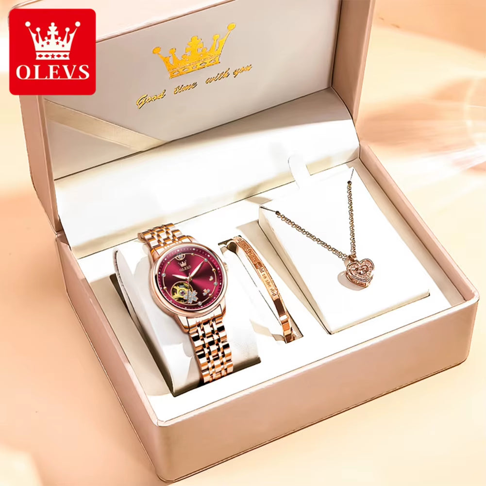 6732 New Womens Watch Original Luxury Skeleton Mechanical Watches Waterproof Luminous Watches for Women Set Bracelet Gift