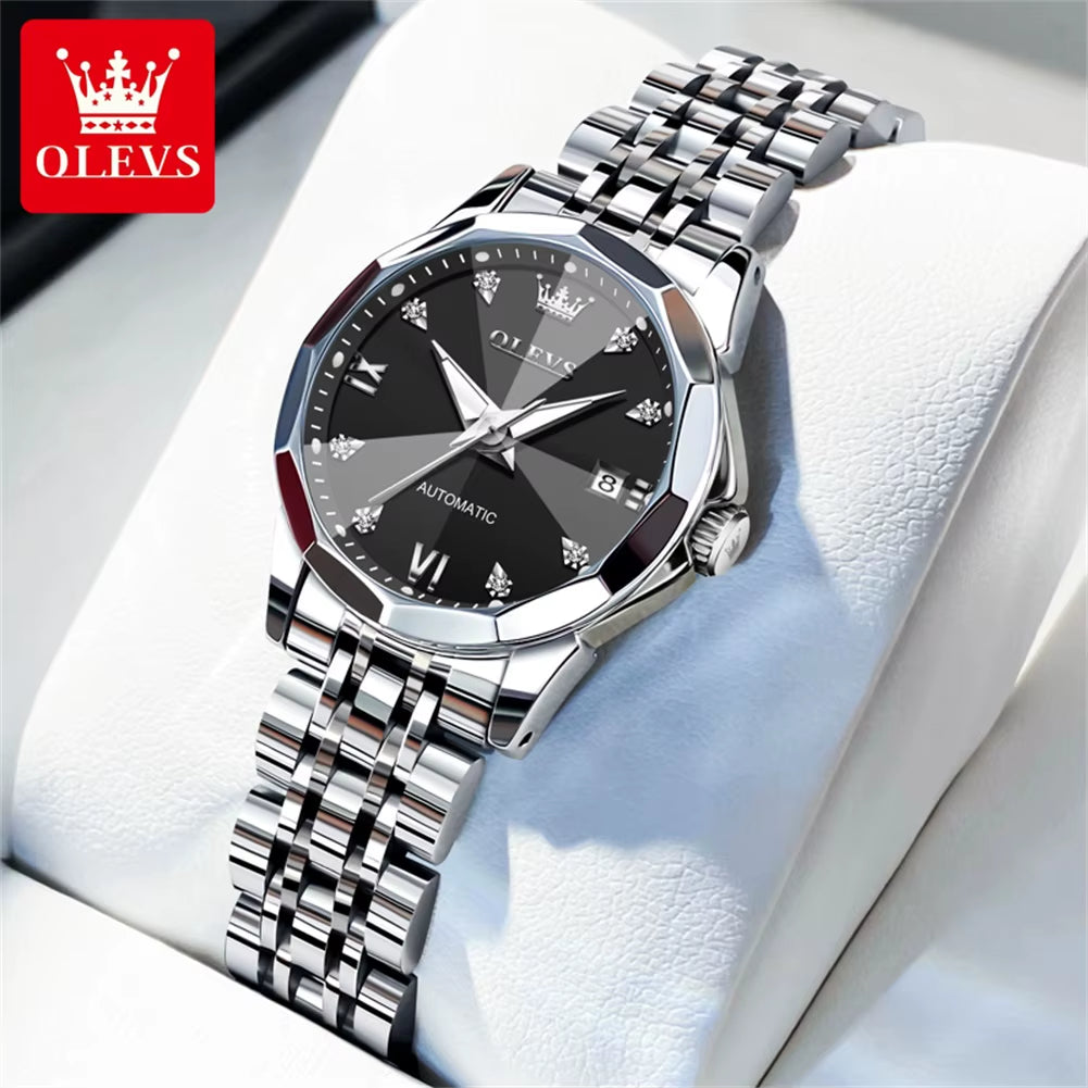 Automatic Watch for Woman 9982 Stainless Steel Mechanical Wristwatch Luxury Brand Waterproof Rhombus Mirror Ladies Watches