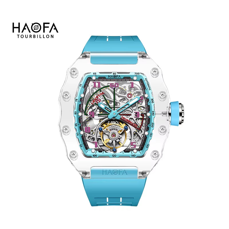 Haofa Automatic Tourbillon Mechanical Man Watch Luxury Skeleton Flying Tourbillon Crystal Case Waterproof Watches for Man 2210