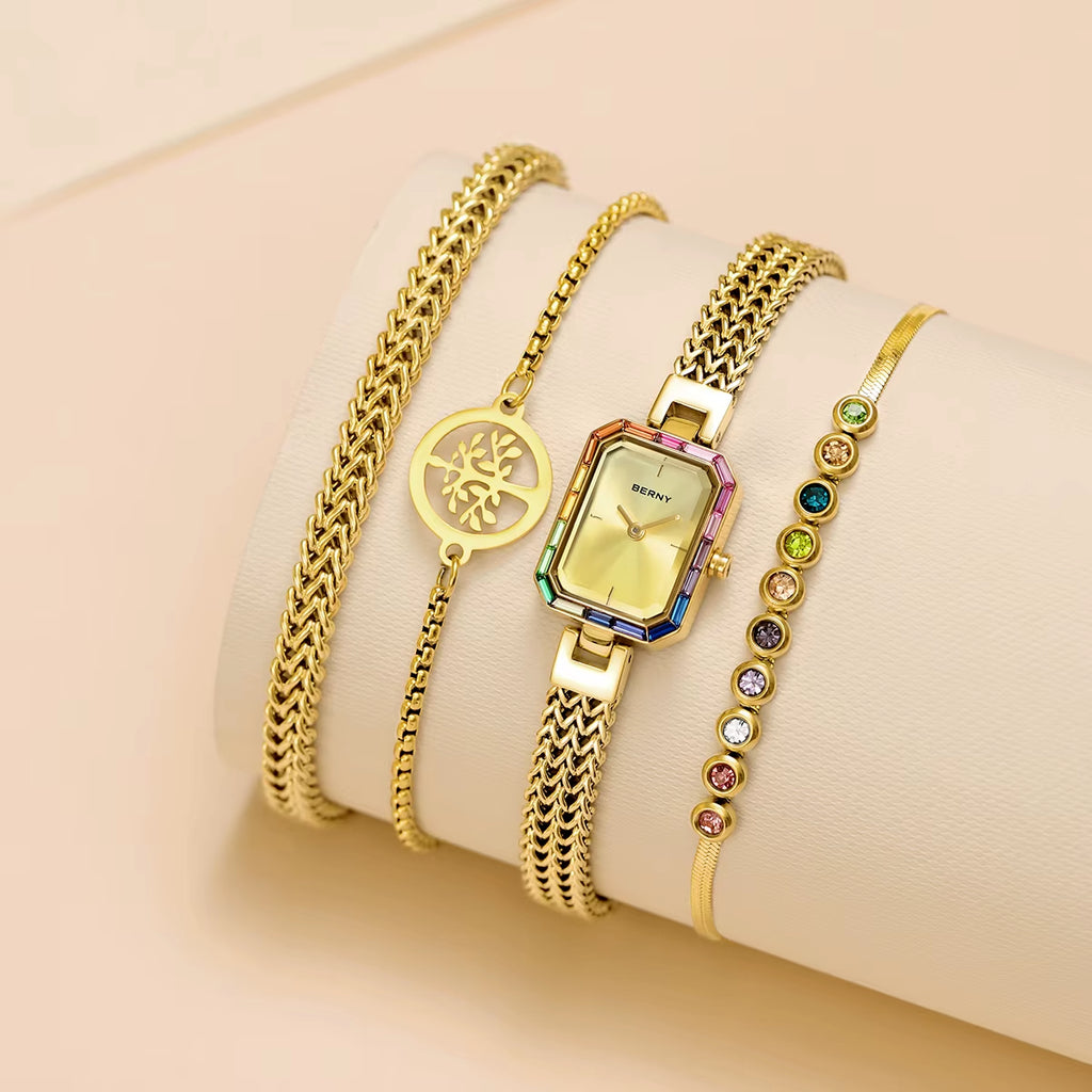 Women Rectangle Wristwatch Gold Quartz Fashion Jewelry Bracelet Set Minimalist Watch Multicolored Stone Ladies Watches