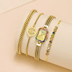 Women Rectangle Wristwatch Gold Quartz Fashion Jewelry Bracelet Set Minimalist Watch Multicolored Stone Ladies Watches