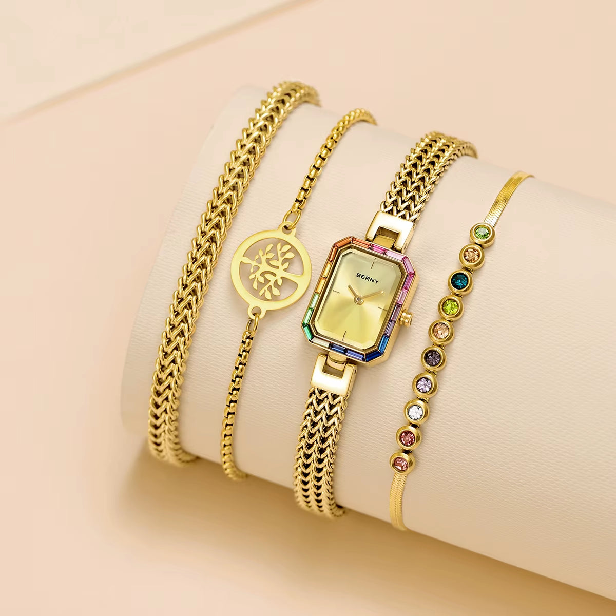 Women Rectangle Wristwatch Gold Quartz Fashion Jewelry Bracelet Set Minimalist Watch Multicolored Stone Ladies Watches