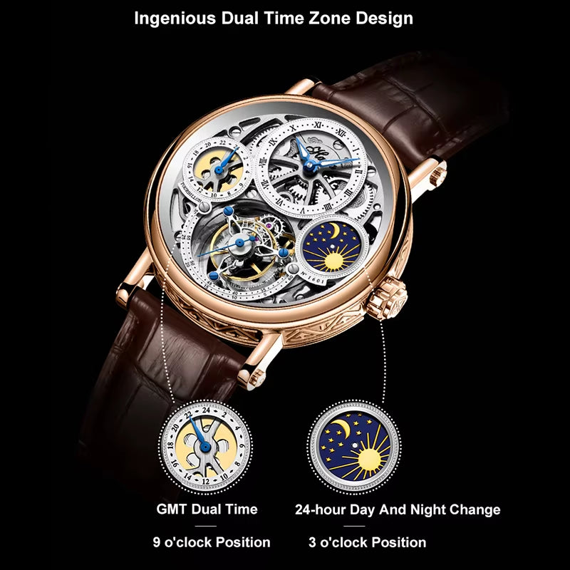 Haofa GMT Skeleton Tourbillon Mechanical Man Watch Manual Movement Luminous Day and Night Watches for Man Luxury 1601