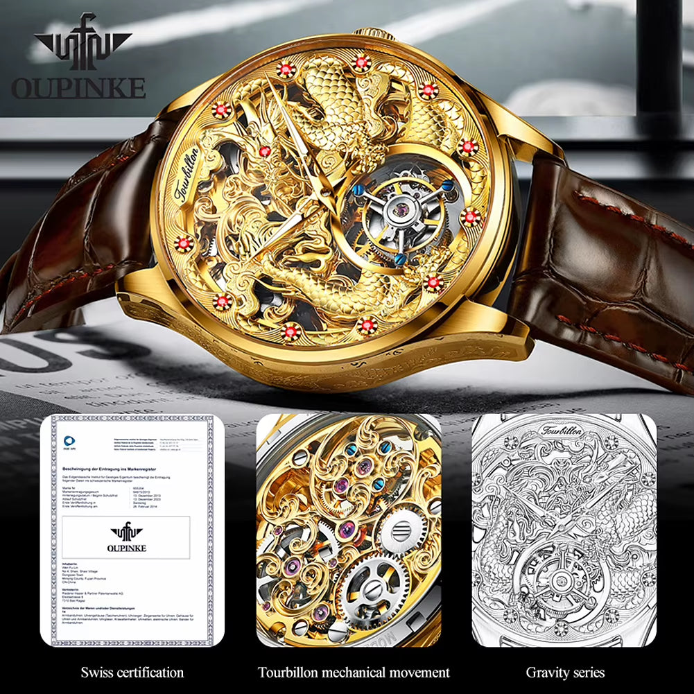 Oupinke 3176 International Brand Automatic Man Watches Wrist Watchchinese Dragon Hollow Luxury High Quality Mechanical Watch