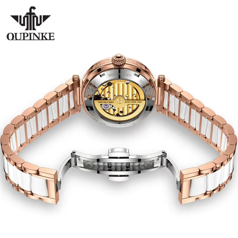 Mechanical Watch for Women Luxury Top Brand Stainless Steel Ceramic Strap Rose Gold Diamond Ladies Watches Reloj Mujer