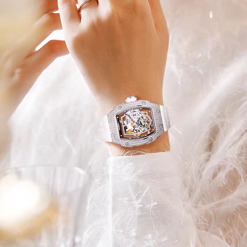 Haofa Ladies Watch Kangaroo Automatic Movement Luminous Diamond Hollow Skeleton Straight in Fashion Women Luxury Wristwatch 1992