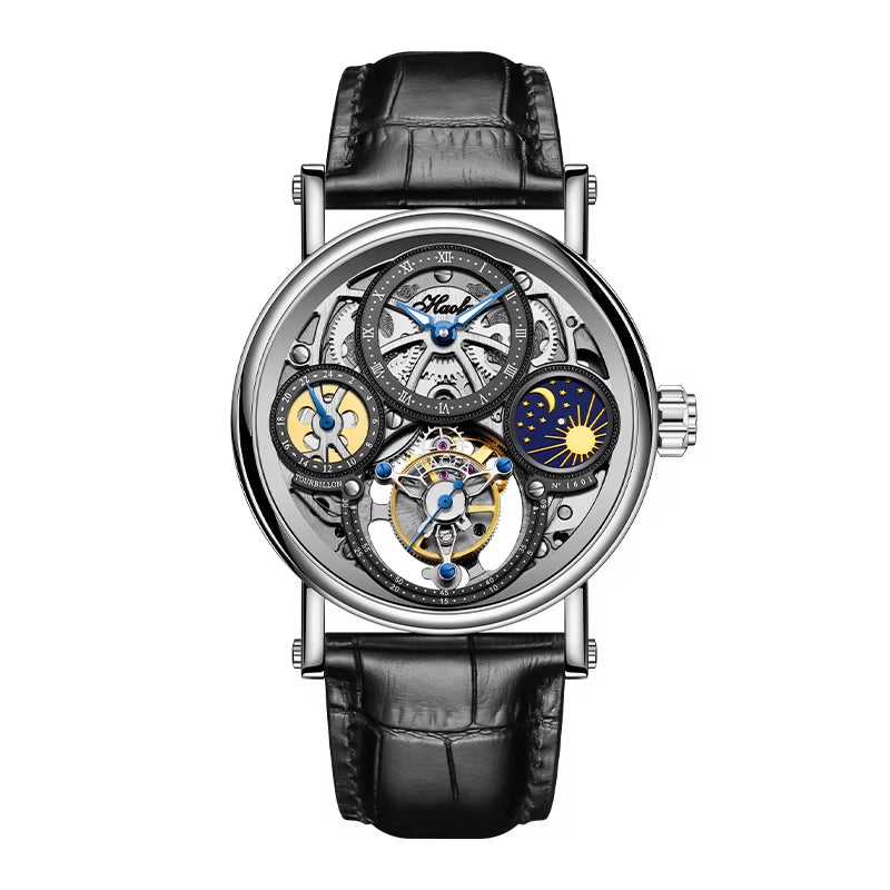 Haofa GMT Skeleton Tourbillon Mechanical Man Watch Manual Movement Luminous Day and Night Watches for Man Luxury 1601
