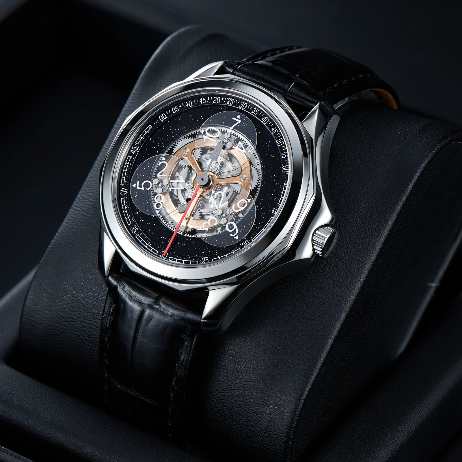 Stars Sapphire Wheel Mechanical Automatic Mens Steel Watch Leather Waterproof Creative Causal Watches