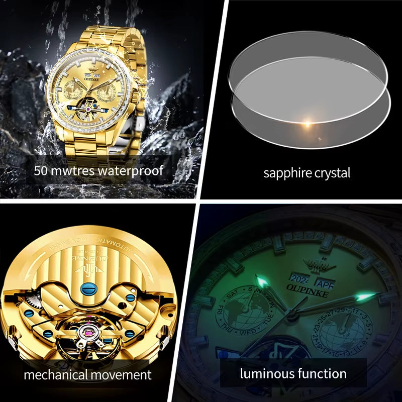 3280 Gold Luxury Mens Watches Diamond Dial Waterproof Automatic Mechanical Wristwatch Skeleton Luminous Date Brand Watch
