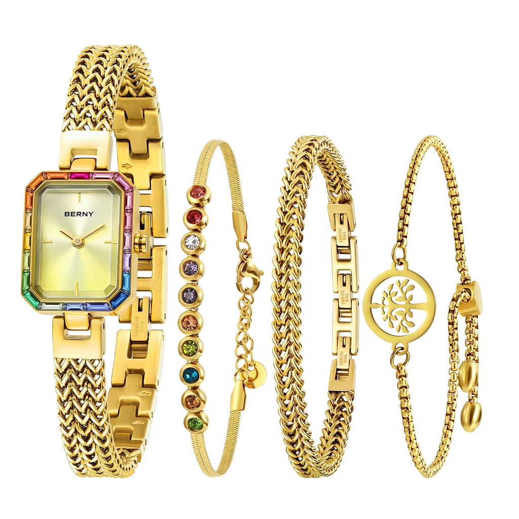 Women Rectangle Wristwatch Gold Quartz Fashion Jewelry Bracelet Set Minimalist Watch Multicolored Stone Ladies Watches