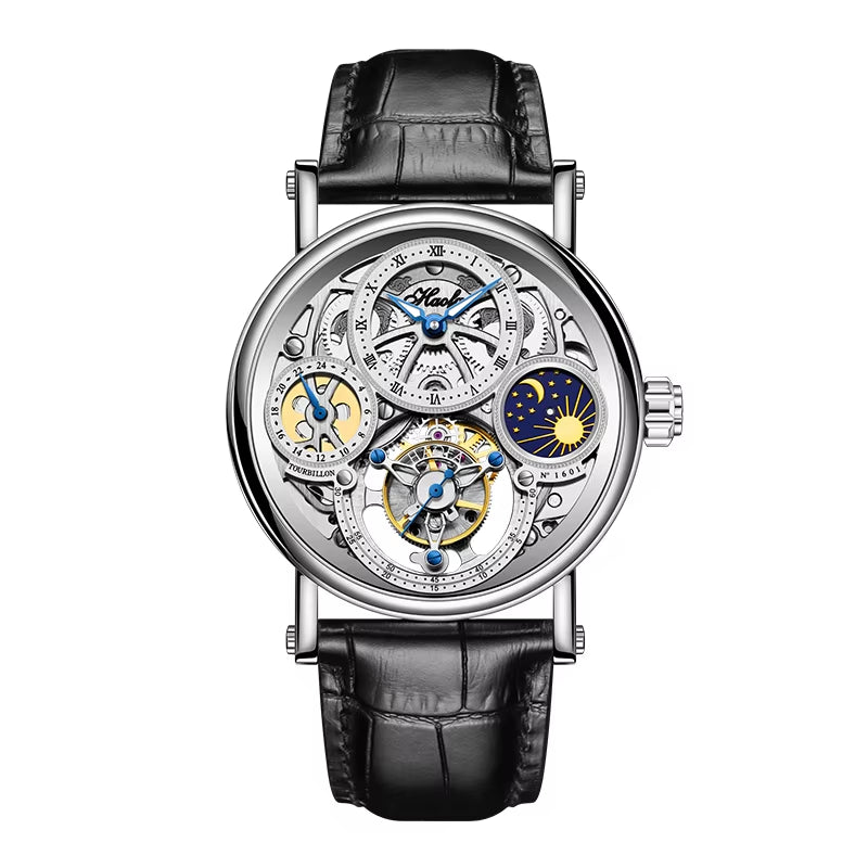 Haofa GMT Skeleton Tourbillon Mechanical Man Watch Manual Movement Luminous Day and Night Watches for Man Luxury 1601
