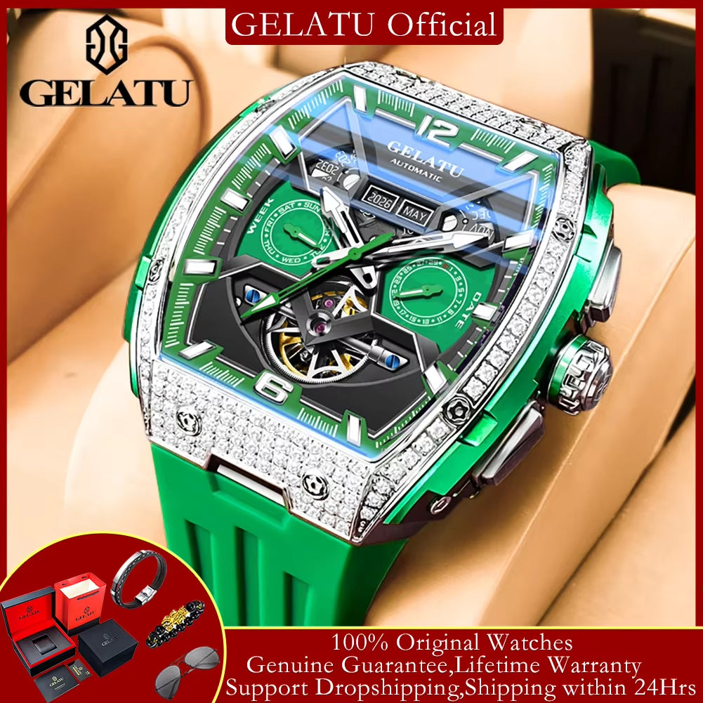 Men'S Watch Hollow Out Skeleton Automatic Watch for Men Silicone Strap Dual Calendar Luxury Original Mechanical Man Watch