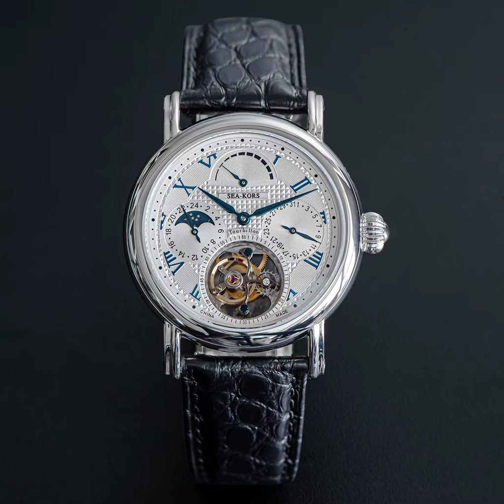 Seakors Man Tourbillon Watch Original ST8007 Movement Skeleton Dial Moonphase Wristwatche 316L Case Sapphire Romen Luxury