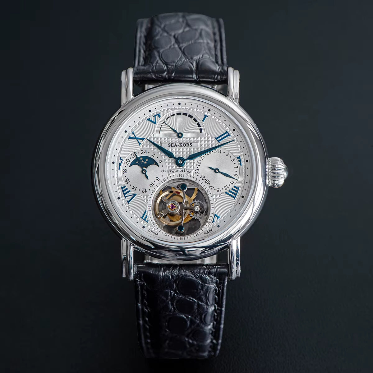 Seakors Man Tourbillon Watch Original ST8007 Movement Skeleton Dial Moonphase Wristwatche 316L Case Sapphire Romen Luxury