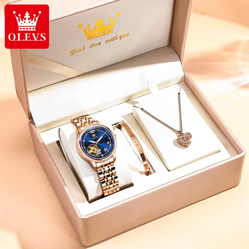 6732 New Womens Watch Original Luxury Skeleton Mechanical Watches Waterproof Luminous Watches for Women Set Bracelet Gift