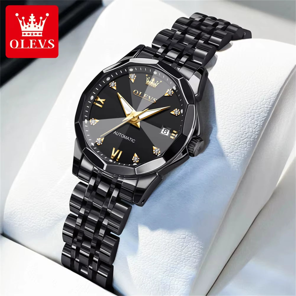 Automatic Watch for Woman 9982 Stainless Steel Mechanical Wristwatch Luxury Brand Waterproof Rhombus Mirror Ladies Watches