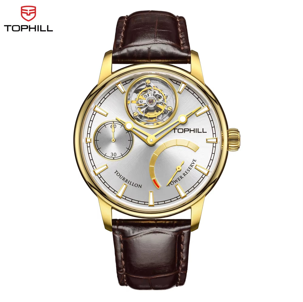 Tourbillon Watch for Men Mechanical Watch Luxury Skeleton Dial Power Reserve Leather Strap Reloj