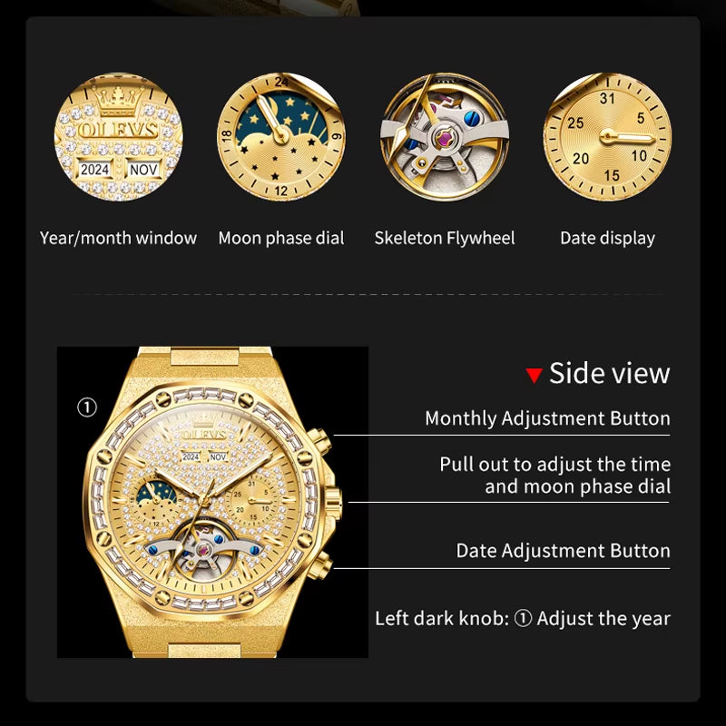 Gold Steel Mens Watches Top Brand Automatic Mechanical Luxury Watch Sport Waterproof Tourbillon Wrist Watch Reloj Hombre