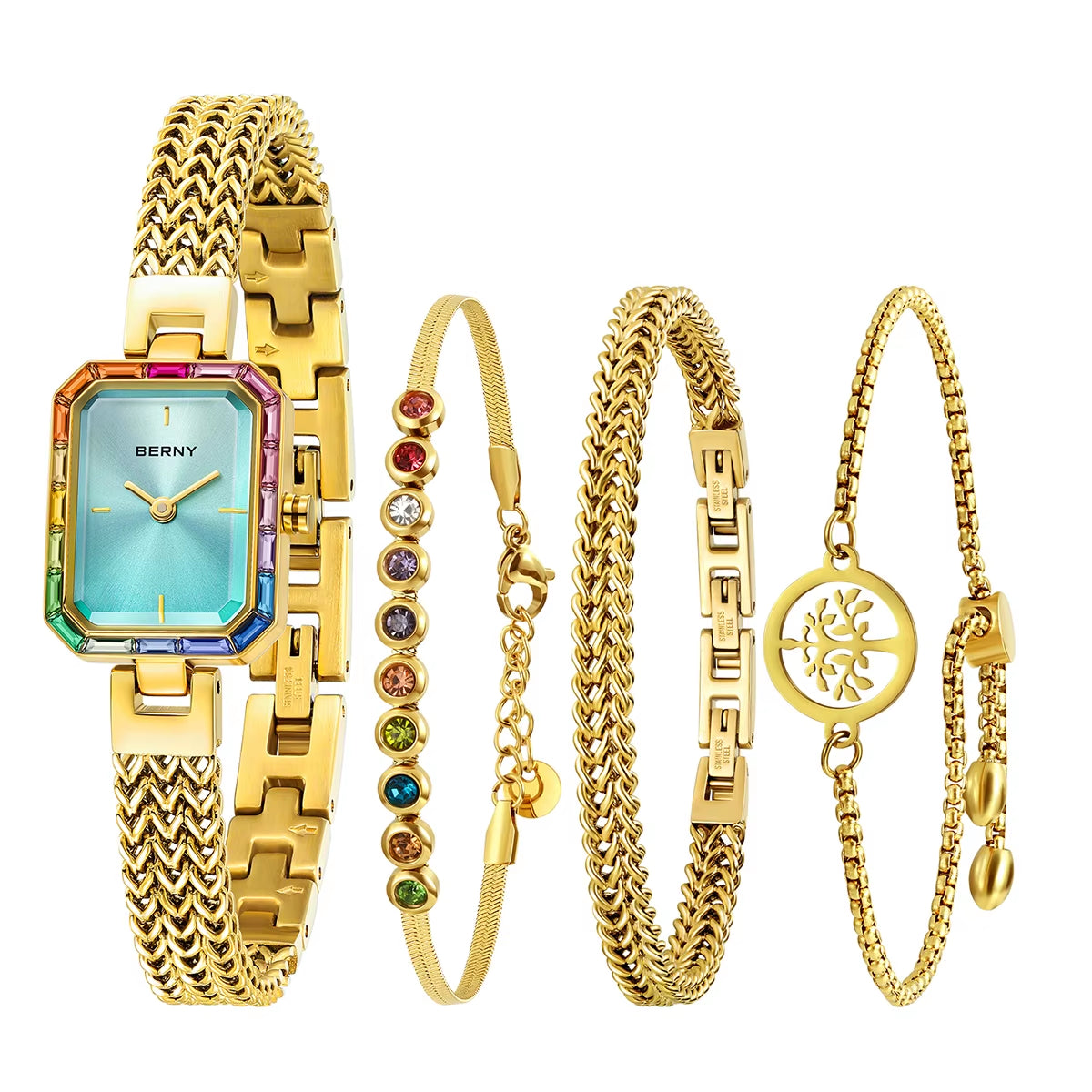 Women Rectangle Wristwatch Gold Quartz Fashion Jewelry Bracelet Set Minimalist Watch Multicolored Stone Ladies Watches