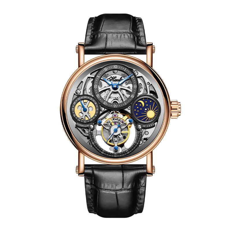 Haofa GMT Skeleton Tourbillon Mechanical Man Watch Manual Movement Luminous Day and Night Watches for Man Luxury 1601
