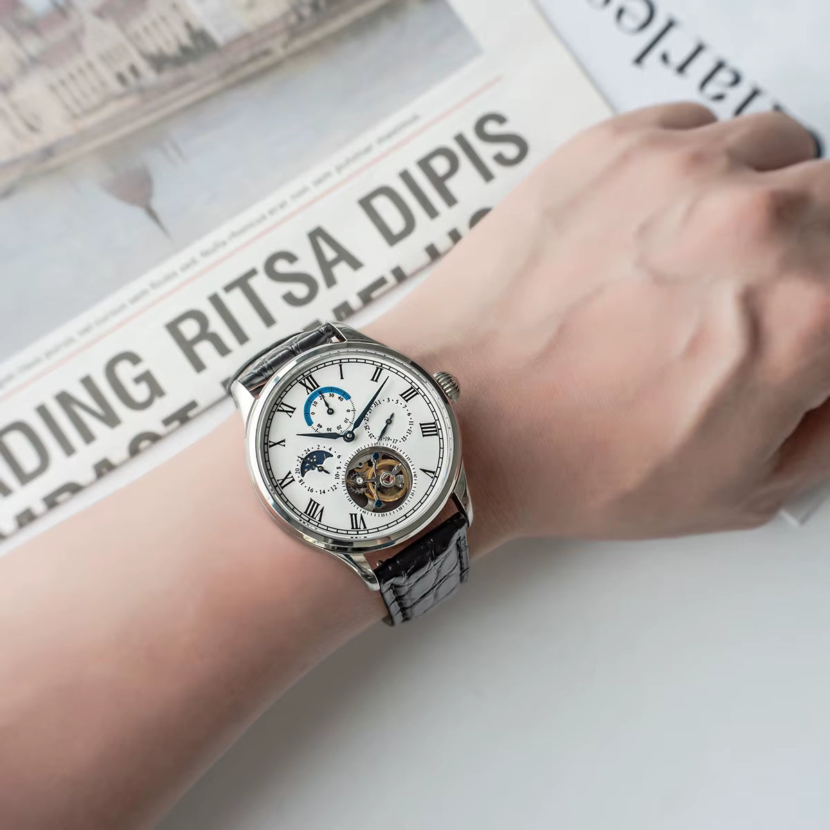 Men Luxury Tourbillon Watch Original ST8007 Movement Mechanical Wristwatches Crocodile Leather Vintage Datephase