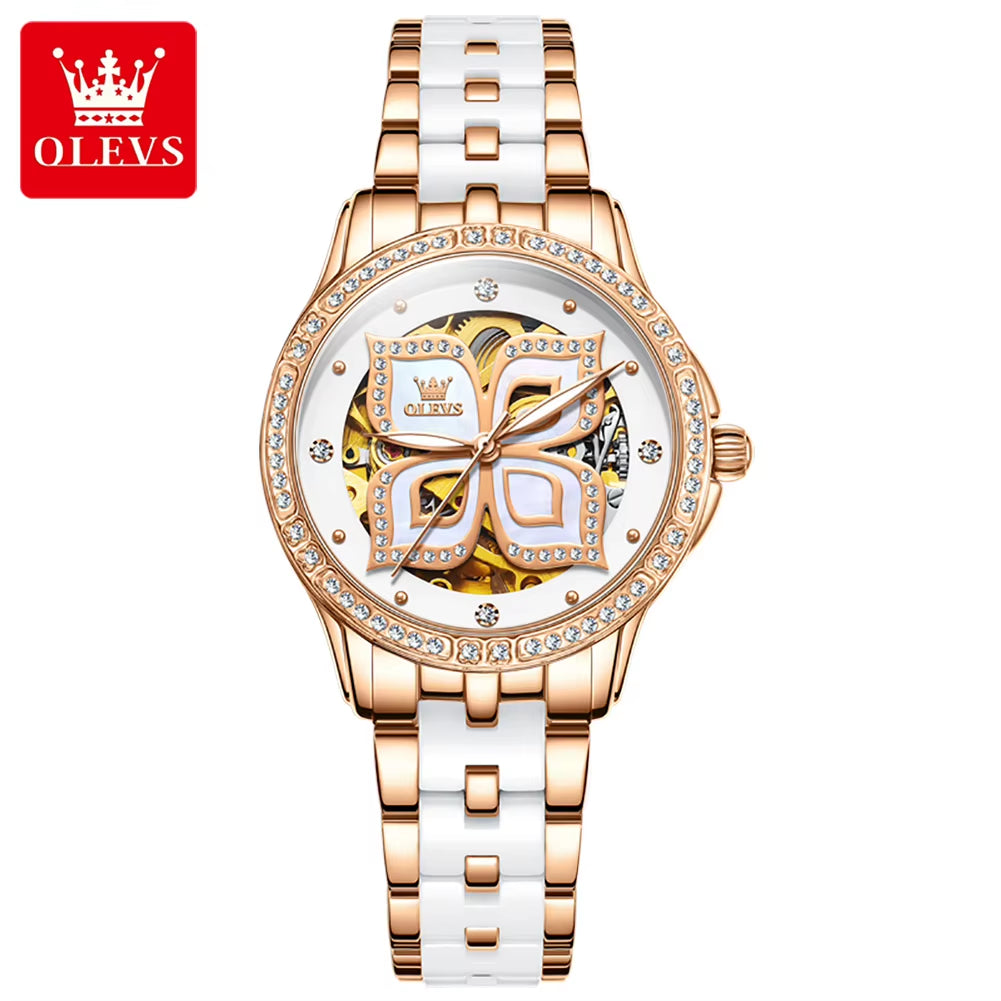 6612 Original Automatic Mechanical Wristwatch for Women Diamond Bezel Hollow Lucky Four Leaf Clover Elegant Ladies Watches