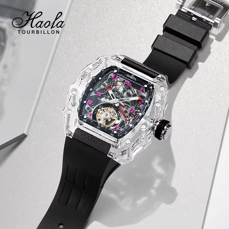 Haofa Automatic Tourbillon Mechanical Man Watch Luxury Skeleton Flying Tourbillon Crystal Case Waterproof Watches for Man 2210