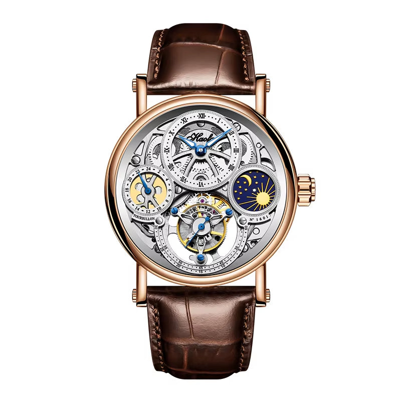 Haofa GMT Skeleton Tourbillon Mechanical Man Watch Manual Movement Luminous Day and Night Watches for Man Luxury 1601