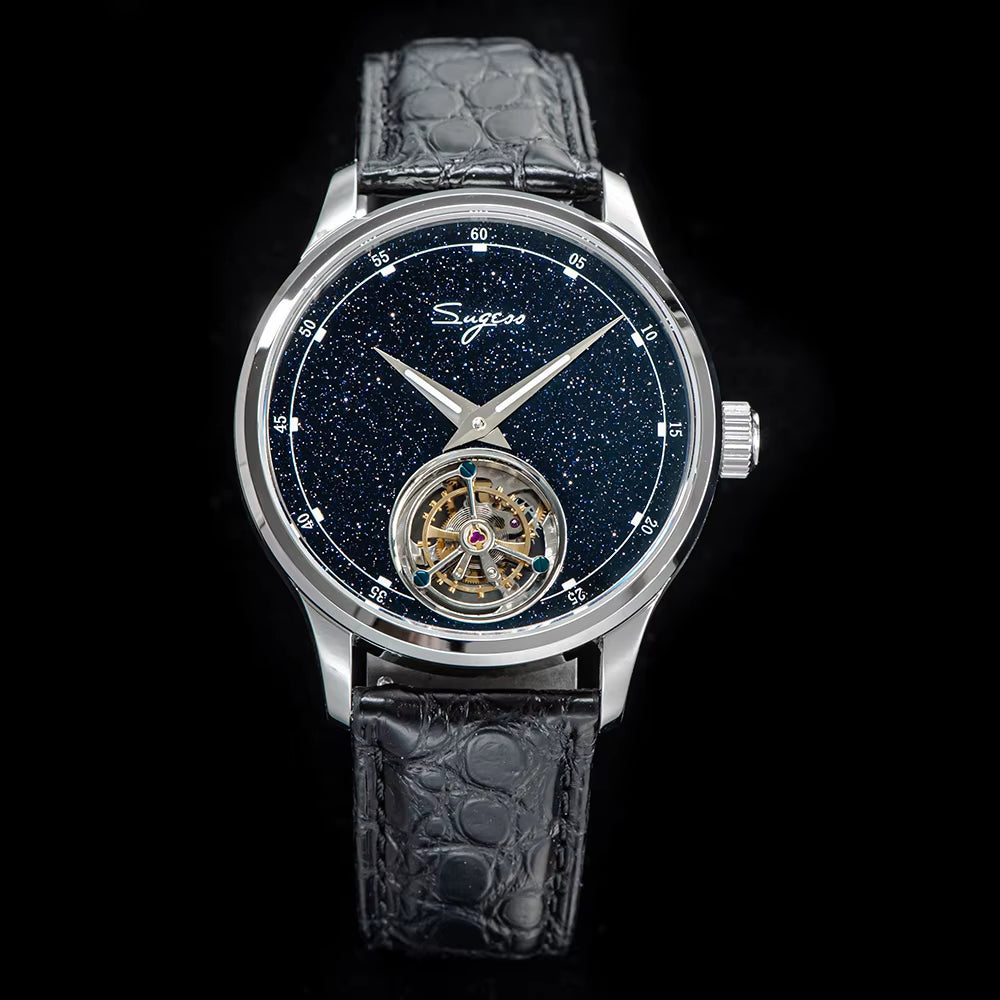 2023  Tourbillon Mens Watch Tianjin ST8230 Movement Blue Aventurine Stone Luxury Mechanical Hand Wind Watches Crocodile