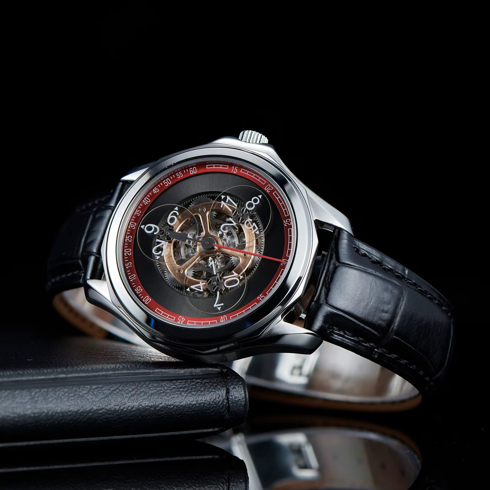 Stars Sapphire Wheel Mechanical Automatic Mens Steel Watch Leather Waterproof Creative Causal Watches