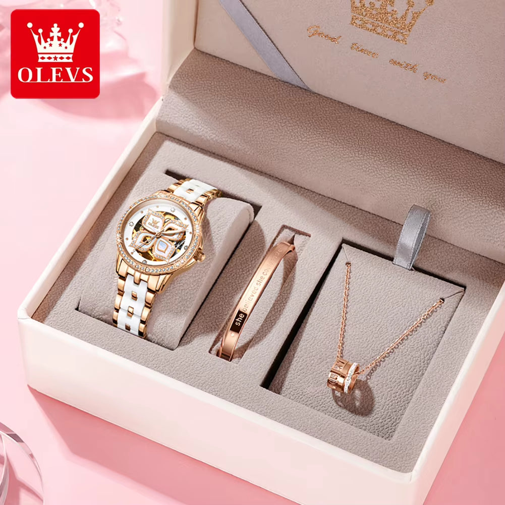 6612 Original Automatic Mechanical Wristwatch for Women Diamond Bezel Hollow Lucky Four Leaf Clover Elegant Ladies Watches