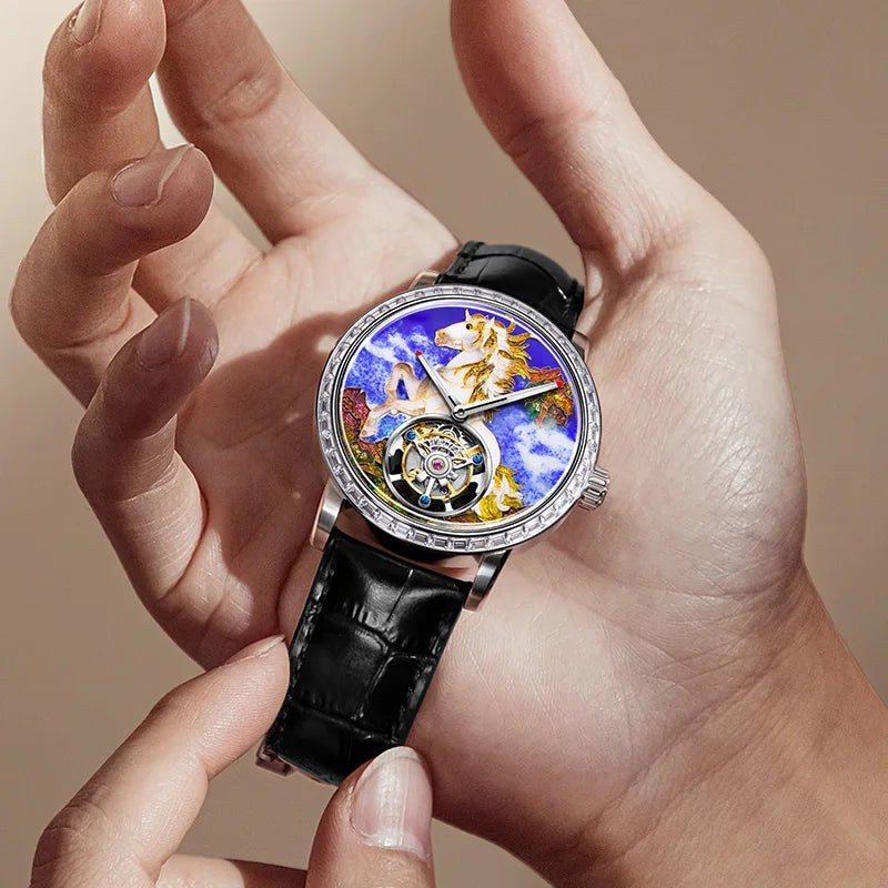 HAOFA Luxury Flying Tourbillon Mechanical Mens Watch Intangsible Heritage Enamel Oriental Colored Zircon Bezel Watches Man 2261