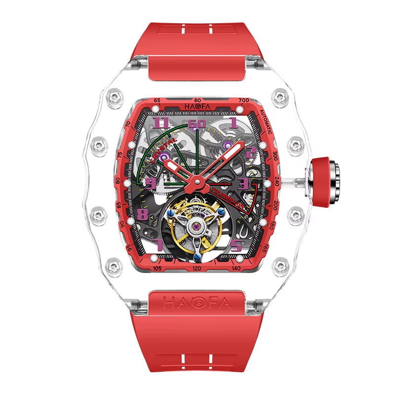 Haofa Automatic Tourbillon Mechanical Man Watch Luxury Skeleton Flying Tourbillon Crystal Case Waterproof Watches for Man 2210