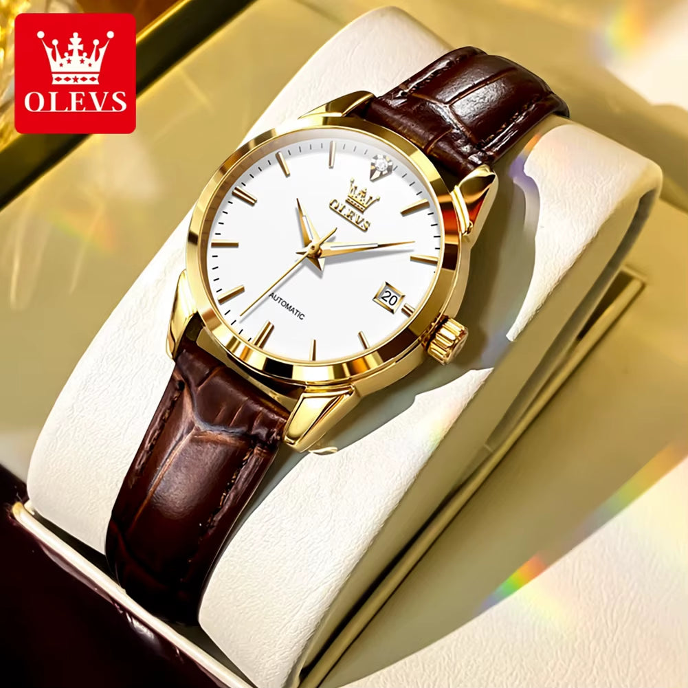 OLVES Original Women Watch Automatic Movement Wristwatches for Women Mechanical Elegant Fashion Watches Leather Strap Waterproof