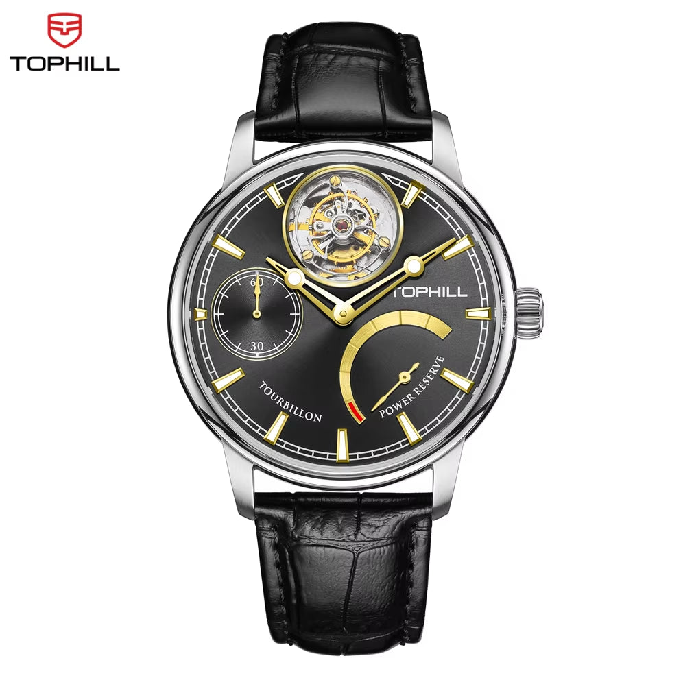 Tourbillon Watch for Men Mechanical Watch Luxury Skeleton Dial Power Reserve Leather Strap Reloj