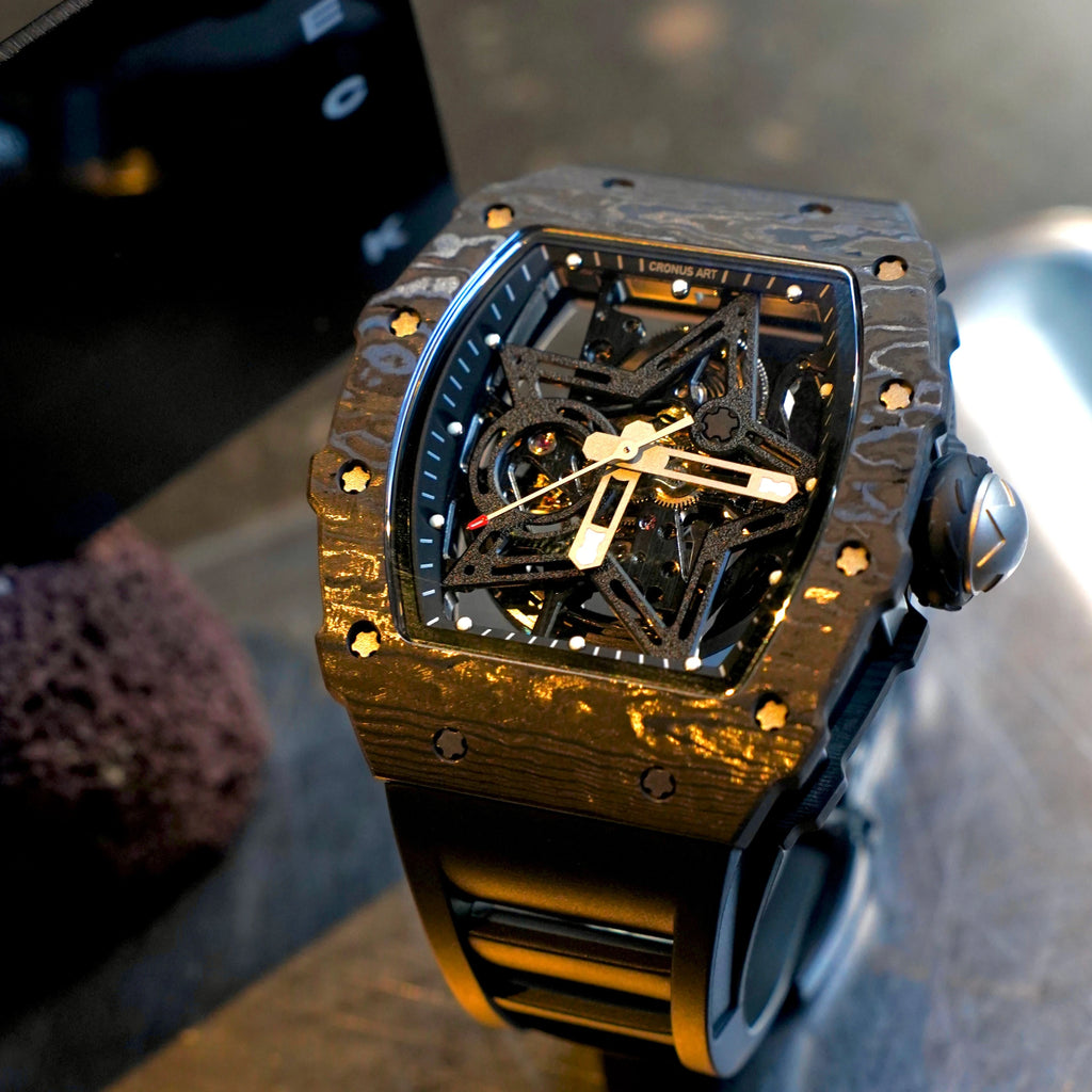 Luxury Carbon Fiber Mechanical Watch - Skeletonised Dial for Men S Accents (Tonneau Design)Trend Products Men