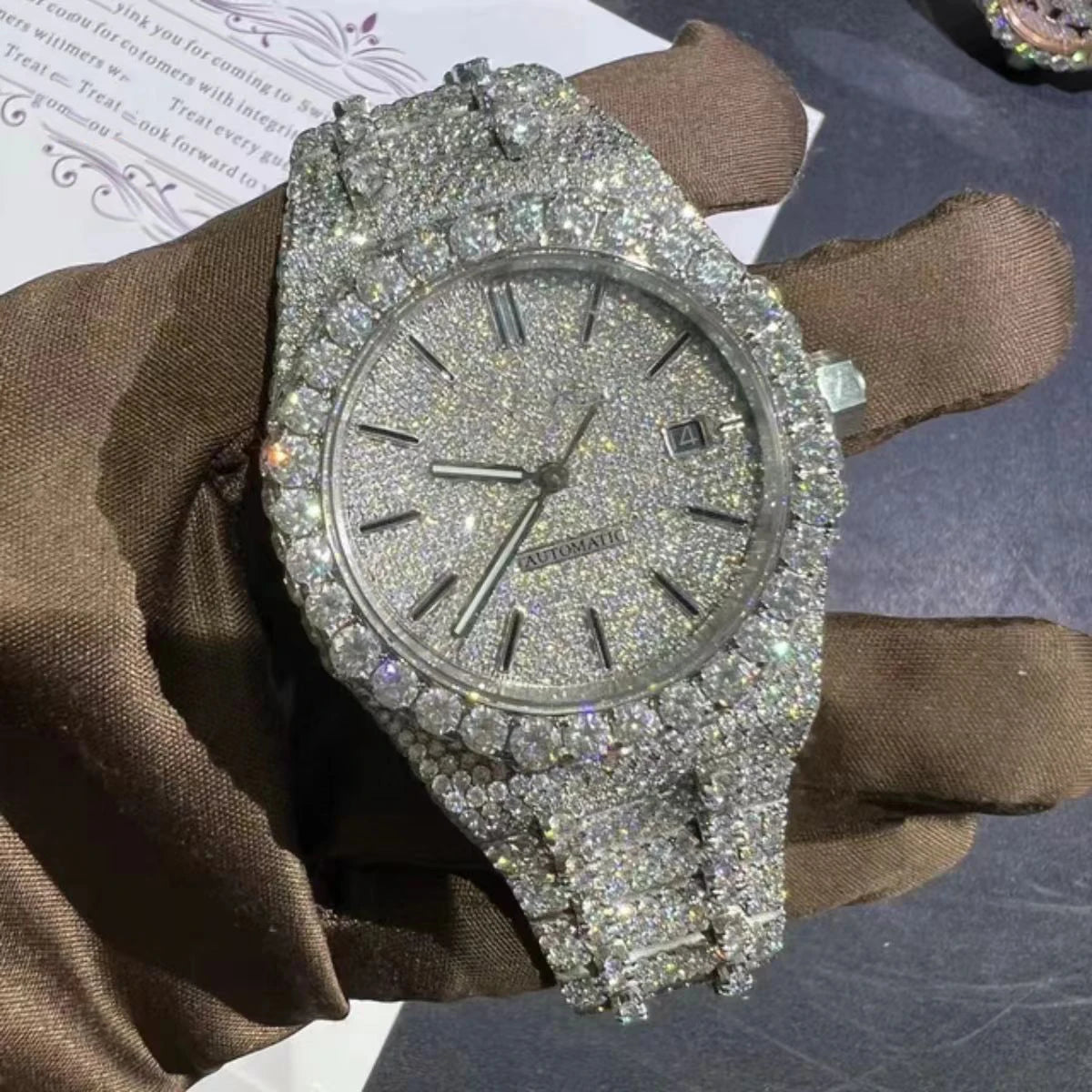 Hip Hop Luxury Automatic Mechanical Watch for Men VVS D Colour Moissanite Iced Out Sport Watch with Analog Glass Dial Display