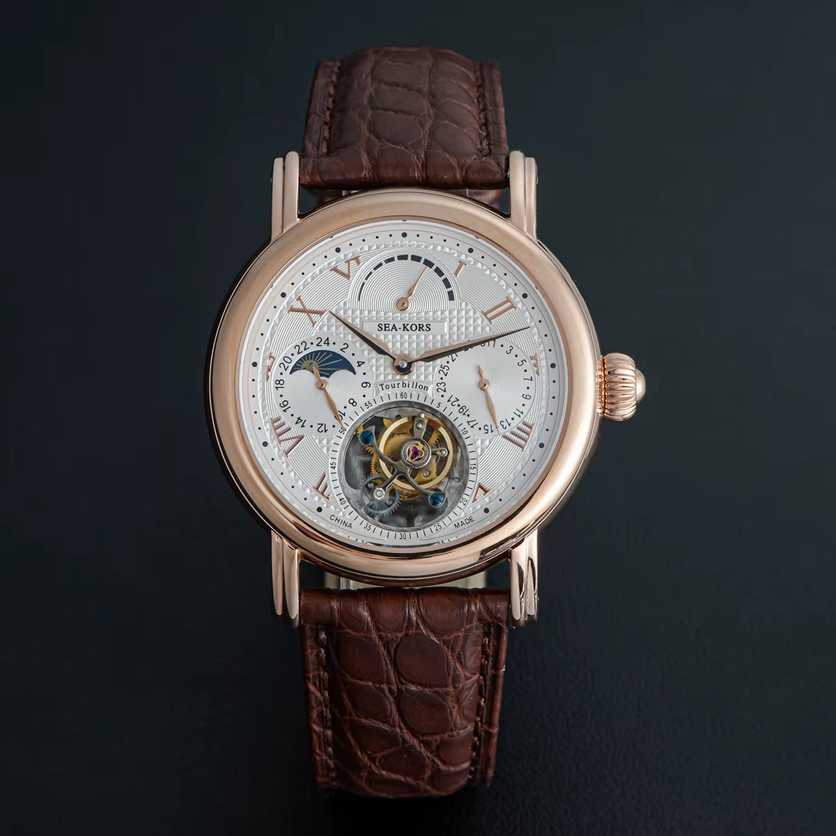 Seakors Man Tourbillon Watch Original ST8007 Movement Skeleton Dial Moonphase Wristwatche 316L Case Sapphire Romen Luxury