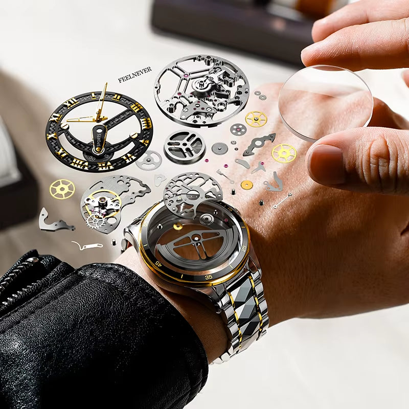 FEELNEVER Top Brand Mechanical Watches Men  Automatic Luxury Mens Watch 50M Waterproof Luminous Tourbillon Wristwatch Reloj