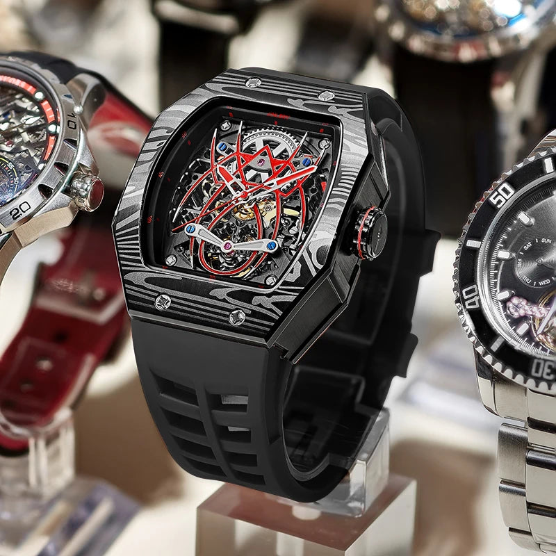 Classic Tonneau Men'S Watch Spider Edition Automatic Mechanical Movement Wristatches Luxury Rubber Strap Reloj Hombre