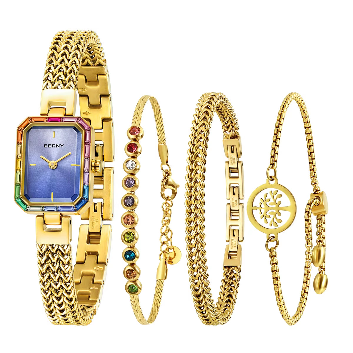 Women Rectangle Wristwatch Gold Quartz Fashion Jewelry Bracelet Set Minimalist Watch Multicolored Stone Ladies Watches