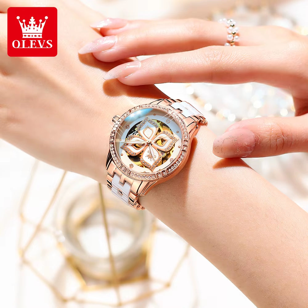 6612 Original Automatic Mechanical Wristwatch for Women Diamond Bezel Hollow Lucky Four Leaf Clover Elegant Ladies Watches