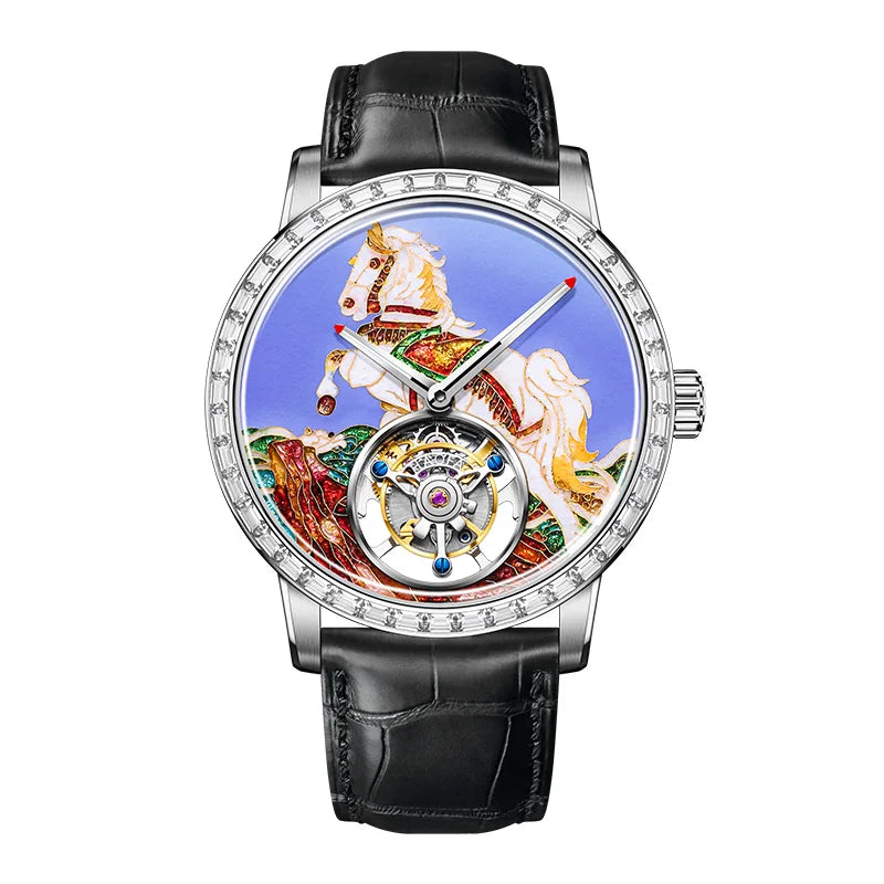 HAOFA Luxury Flying Tourbillon Mechanical Mens Watch Intangsible Heritage Enamel Oriental Colored Zircon Bezel Watches Man 2261