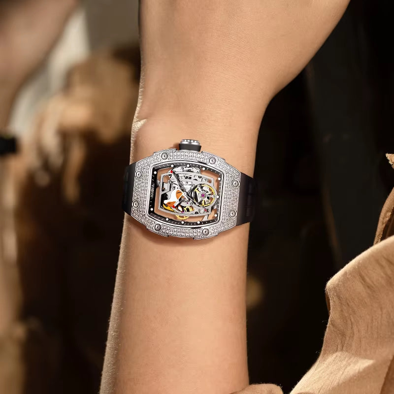 Haofa Ladies Watch Kangaroo Automatic Movement Luminous Diamond Hollow Skeleton Straight in Fashion Women Luxury Wristwatch 1992